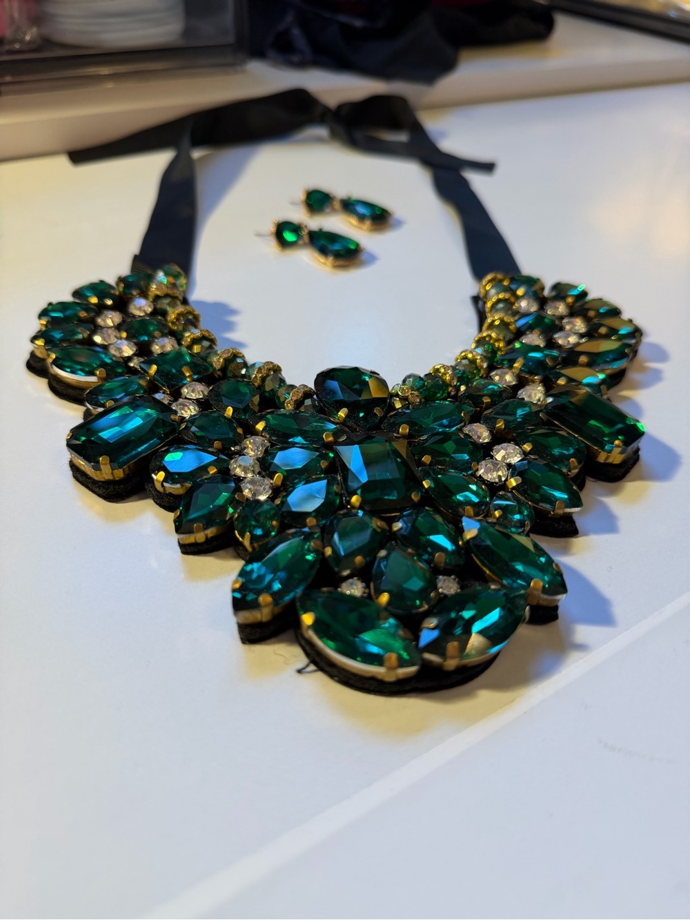 Green Crystal Statement Bib Necklace with Matching Earrings